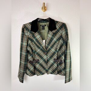 Faux Leather-Trim Plaid Blazer - Green Plaid